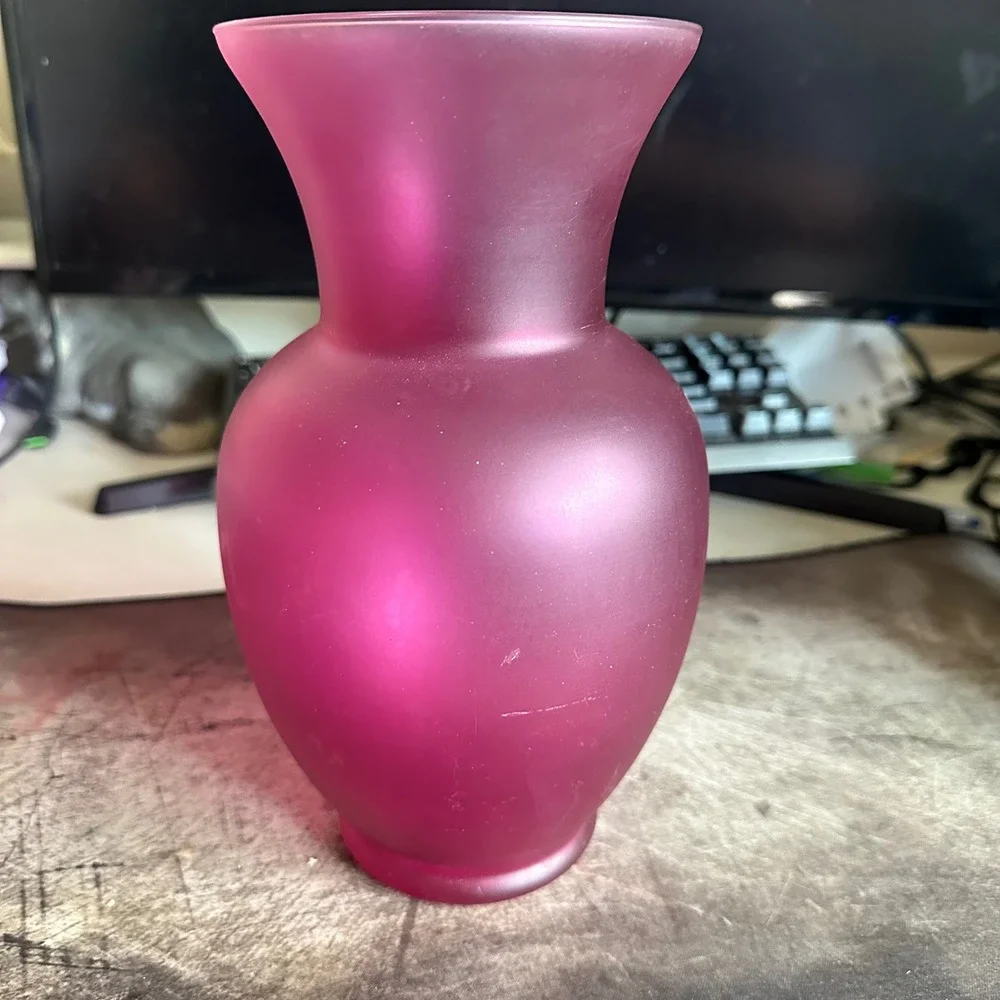 Vase 9in Magenta Pink Frosted Glass Flared Rim‎ Home Decor